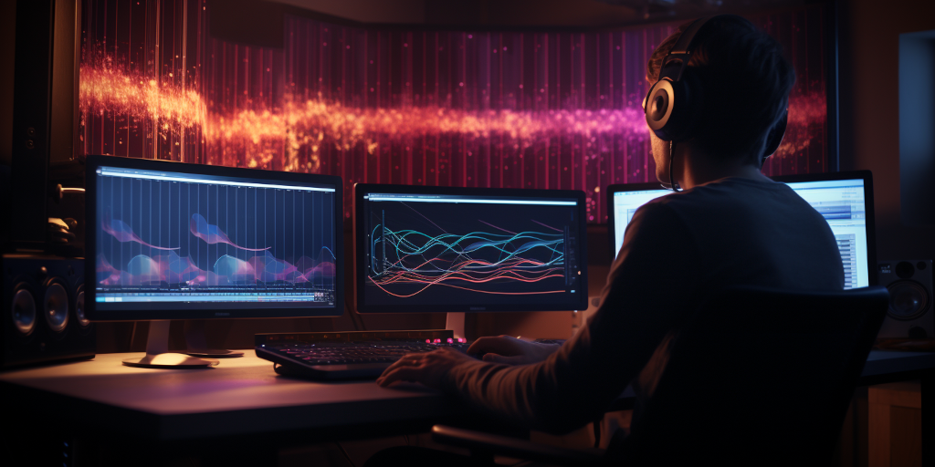 AI’s audio crafting with visible sound waves or musical notes hovering near the computer, representing the haunting harmonics and eerie soundscapes being crafted for the video