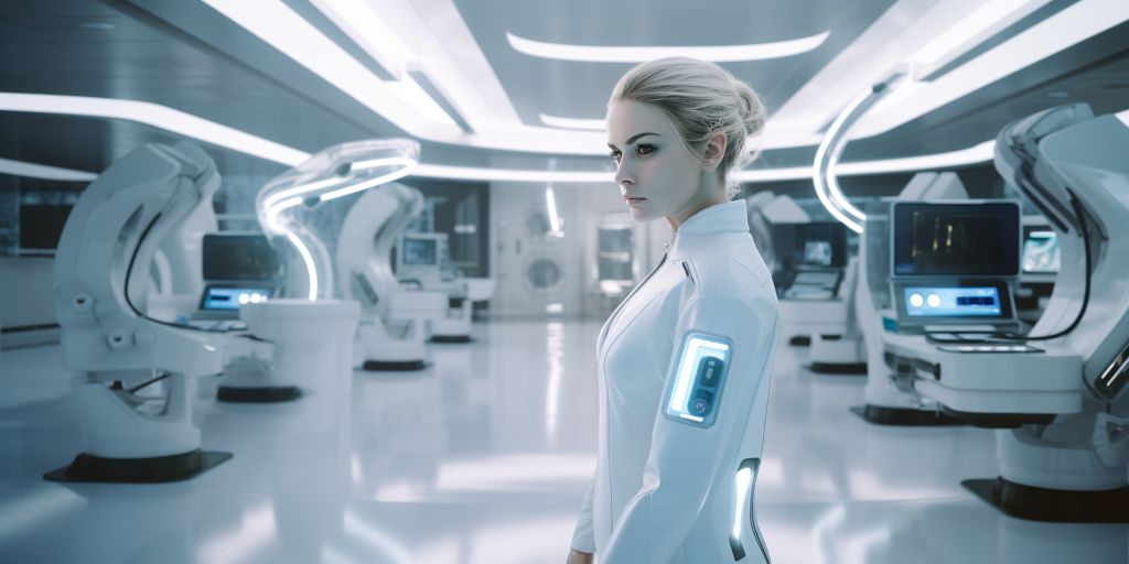 A female figure in the office of a futuristic laboratory in white and greyish colors inserts her hand into a pocket of her uniform