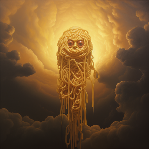 A golden glow descends from the sky, revealing a figure with pasta appendages and meatball eyes, calmly observing the people 