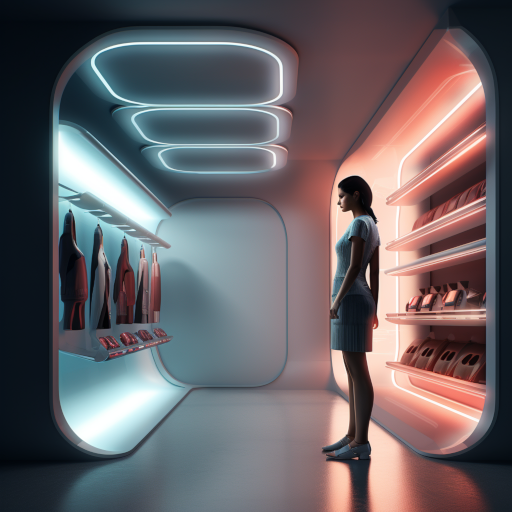 A lone female figure stands before a futuristic, automated closet, selecting clothes illuminated by soft, ambient lighting