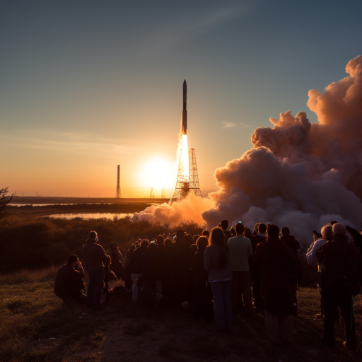 A vast launch site at dawn. The sonda "Interrogante" is poised for launch, with fiery thrusters at its base. A crowd of scientists, media, and spectators watch in awe as a brilliant trail of fire and smoke shoots up into the sky, marking the sonda's journey to the colliding galaxies