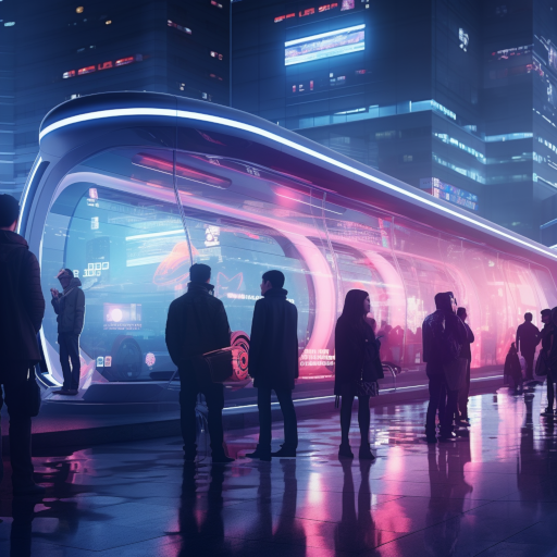 A small crowd in the misty morning waiting for their transportation vehicle illuminated with neon lights. futuristic city with neon lights and advertising panels
