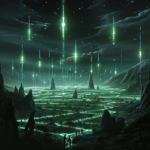 Emerald structures reflect starlight, interconnected by luminescent arcs, while glowing figures transmit celestial messages