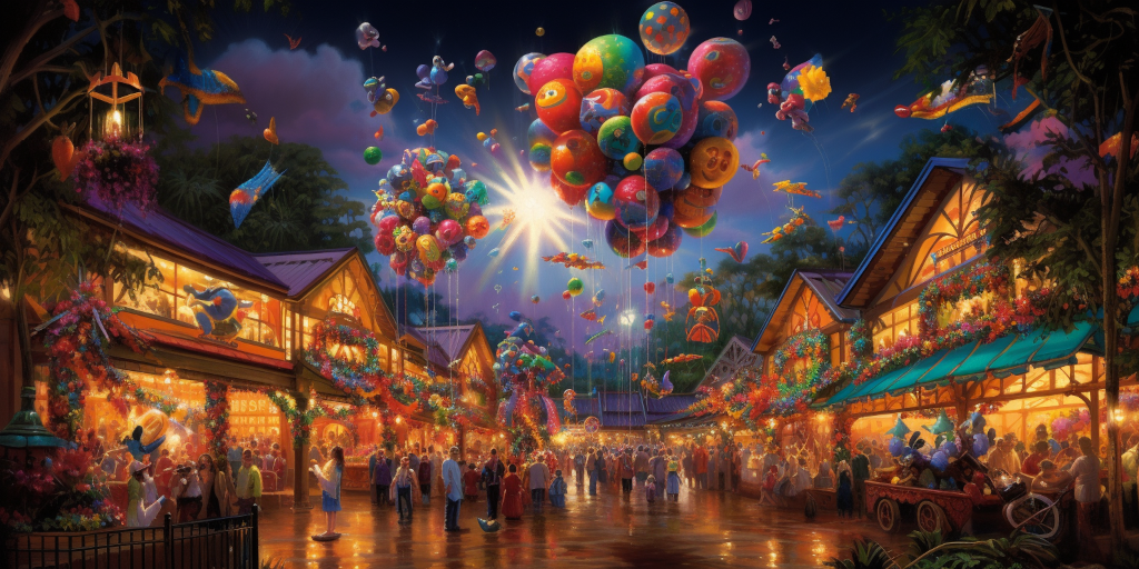 In a bustling market, stalls are filled with shiny trinkets and noisy toys; in a prominent spot, an individual creates multicolored bubbles that dazzle the crowd, while in another corner, a lively debate takes place over giant chocolate and vanilla ice creams