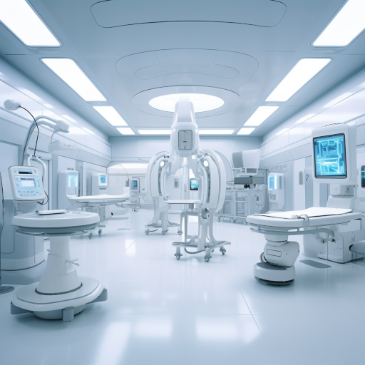 In a pristine, expansive white hall, futuristic workstations and robotic arms hum and whir, performing various tasks under bright, clinical lighting