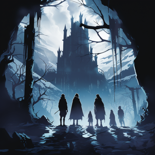 Shadows of once mighty guardians stand tall amidst ruins, their silhouettes casting eerie shapes in the dim, frosty moonlight