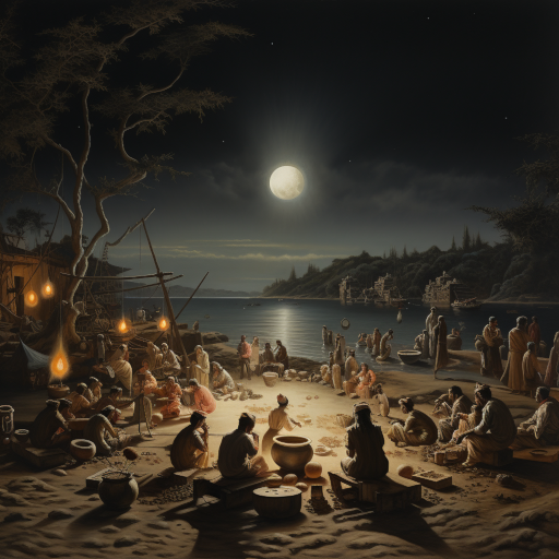 Under a bright moon, villagers gather on the beach with pots of cooked spaghetti as offerings, praying fervently