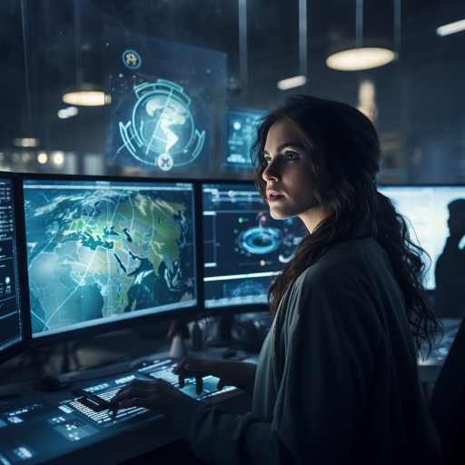 A modern, high-tech laboratory filled with computers and large screens displaying astronomical data. Ana stands in the center, her eyes reflecting the glow of the screens, pointing towards an image of the "?". Surrounding her, her team looks on, with expressions ranging from curiosity to amazement. The atmosphere is thick with anticipation and wonder
