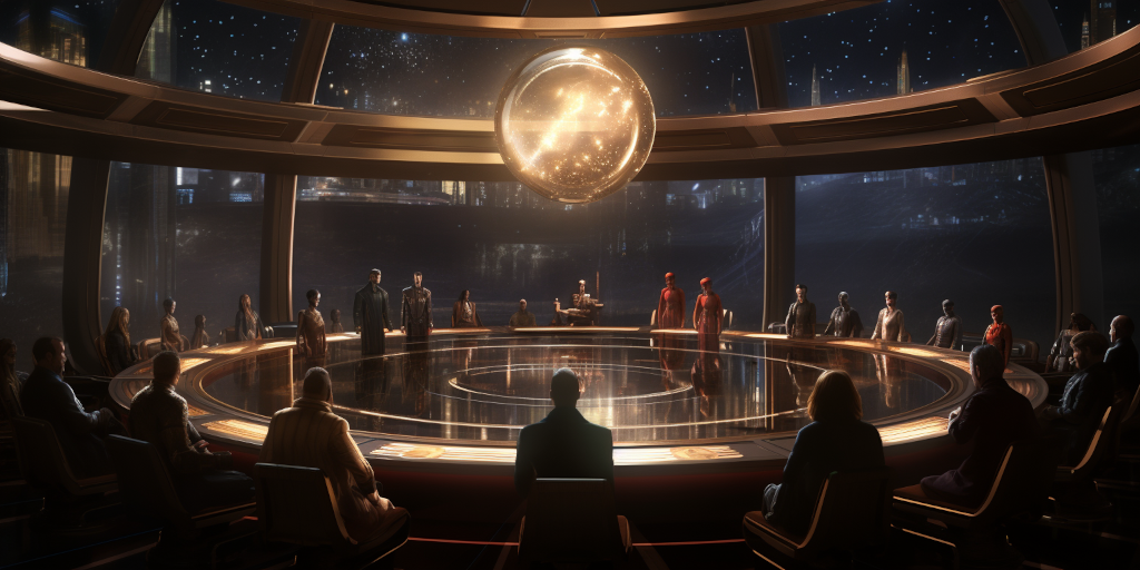 A grand interstellar council chamber, illuminated by floating orbs, divides in heated debate, with one faction aiming to suppress the newfound knowledge