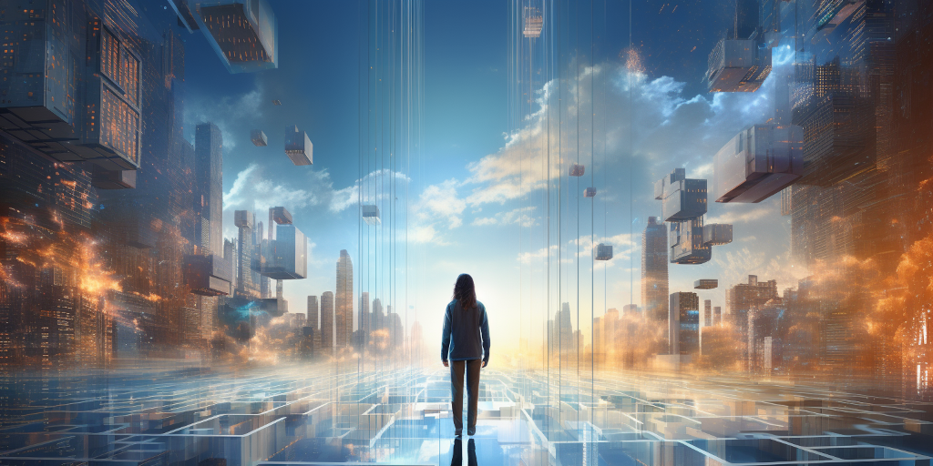 A virtual avatar in the digital world walking through a digital futuristic landscape