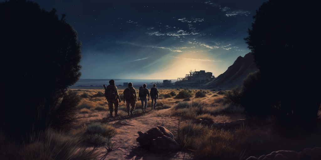 As night falls, the group makes their way back through familiar terrain, their spirits lifted by the successful mission, under a sky gradually filling with stars, signaling both the end of their journey and the promise of a new day