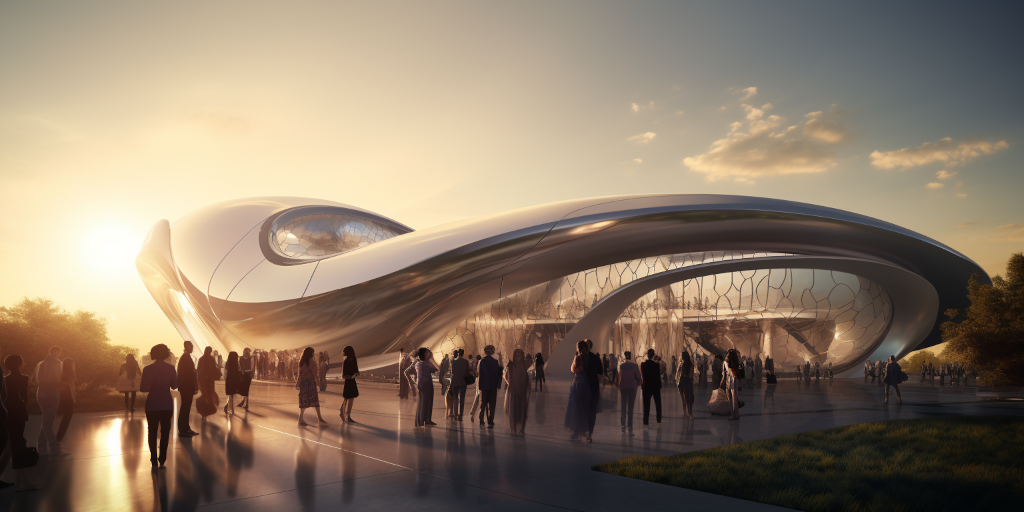A futuristic and luxurious event celebration building separate from any city with a small elite group of people waiting. It's early morning and the sun is shining on the horizon