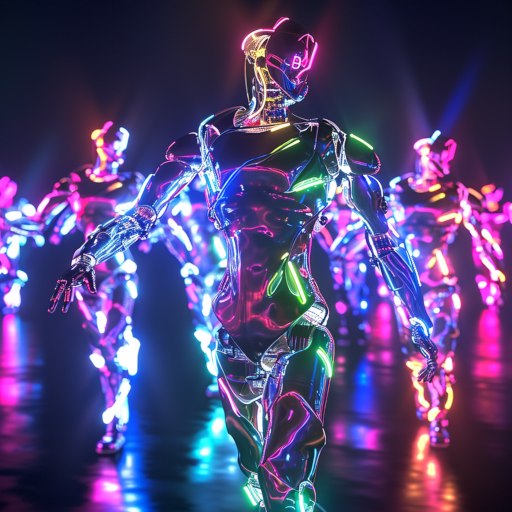 A show of robots with colored LED lights dancing stylishly in a futuristic hall full of people enjoying the dance