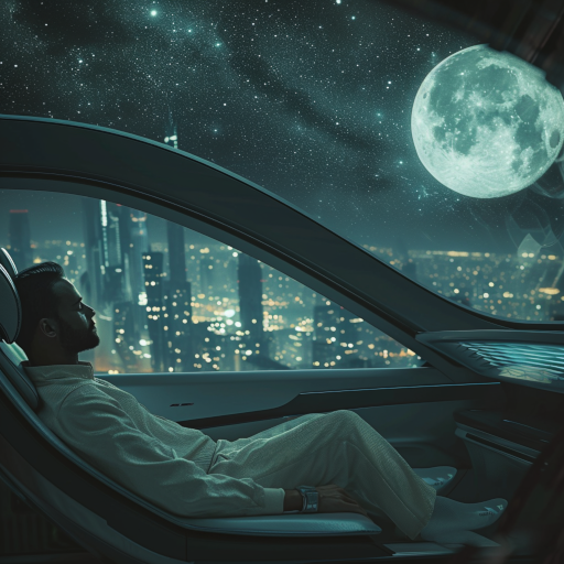 A man in his 40s reclines in a futuristic car, gazing at the star-filled sky through the glass roof. The full moon casts a soft light inside, contrasting with the dark city outside, as he contemplates in quiet introspection during his journey