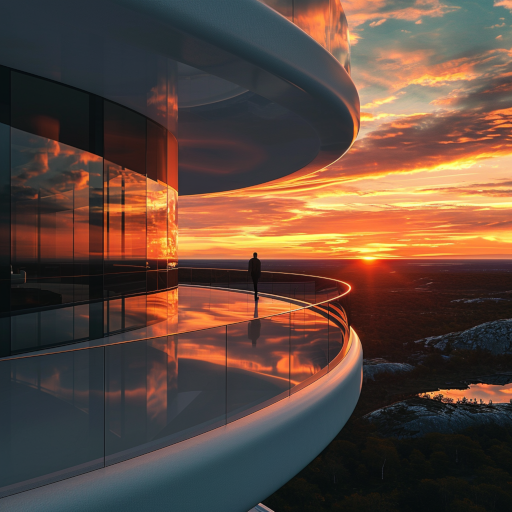 The man, around forty, stands in quiet reflection on the futuristic balcony, his lean silhouette set against the backdrop of a breathtaking sunset that transforms the surrounding landscape into a canvas of warm hues