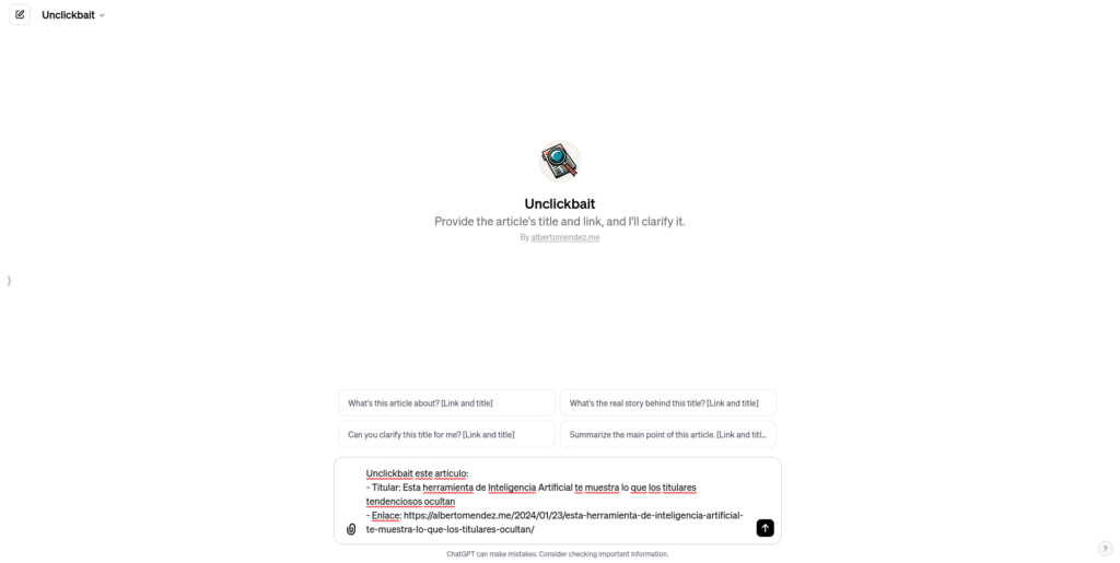 La imagen muestra una interfaz de usuario de una herramienta de IA llamada "Unclickbait"