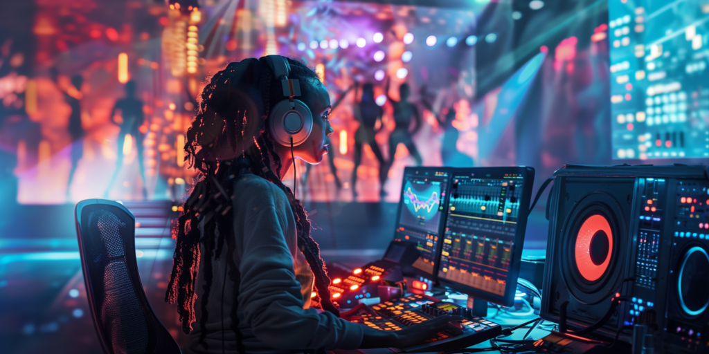 A focused individual operates a music production computer in a modern studio, with digital interfaces glowing around them. The background features energetic dancers expressing joy through movement.