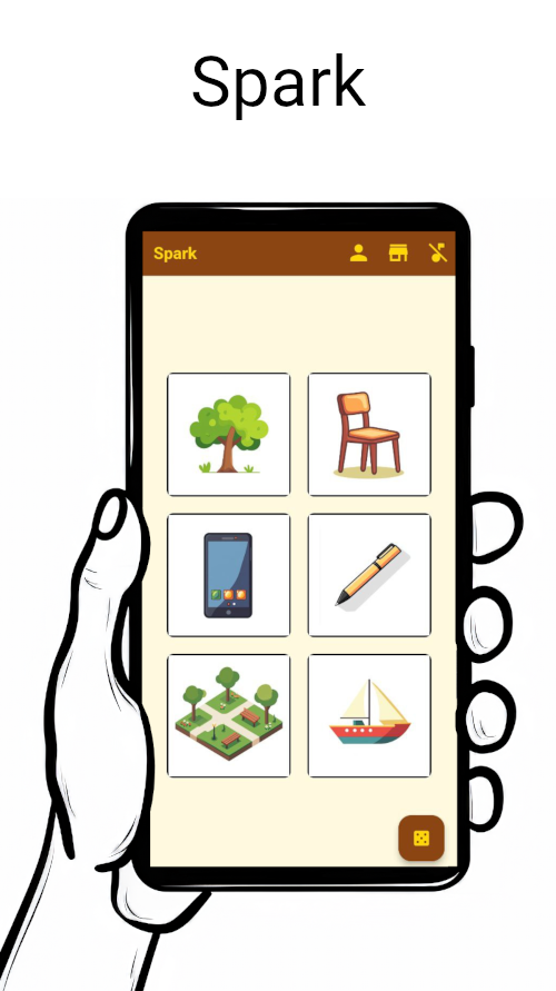 Captura de pantalla de la interfaz principal de Spark, mostrando varios ítems de los dados, como un árbol, una silla, un smartphone, un bolígrafo, un parque y un barco, listos para ser usados en la creación de historias.