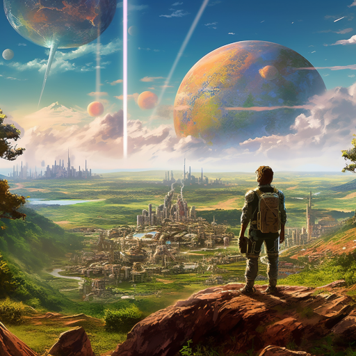 A panoramic depiction of Gaia-7 post-battle. The middle-aged man, our hero, stands atop a hill, looking out at the recovering planet. The signs of battle are still visible, but life has started to thrive again. Brightly glowing Lumenium mines are visible in the distance, with people working together to rebuild their homes. In the sky, the fleeing pirate fleet can be seen as tiny specks against the vast backdrop of the cosmos