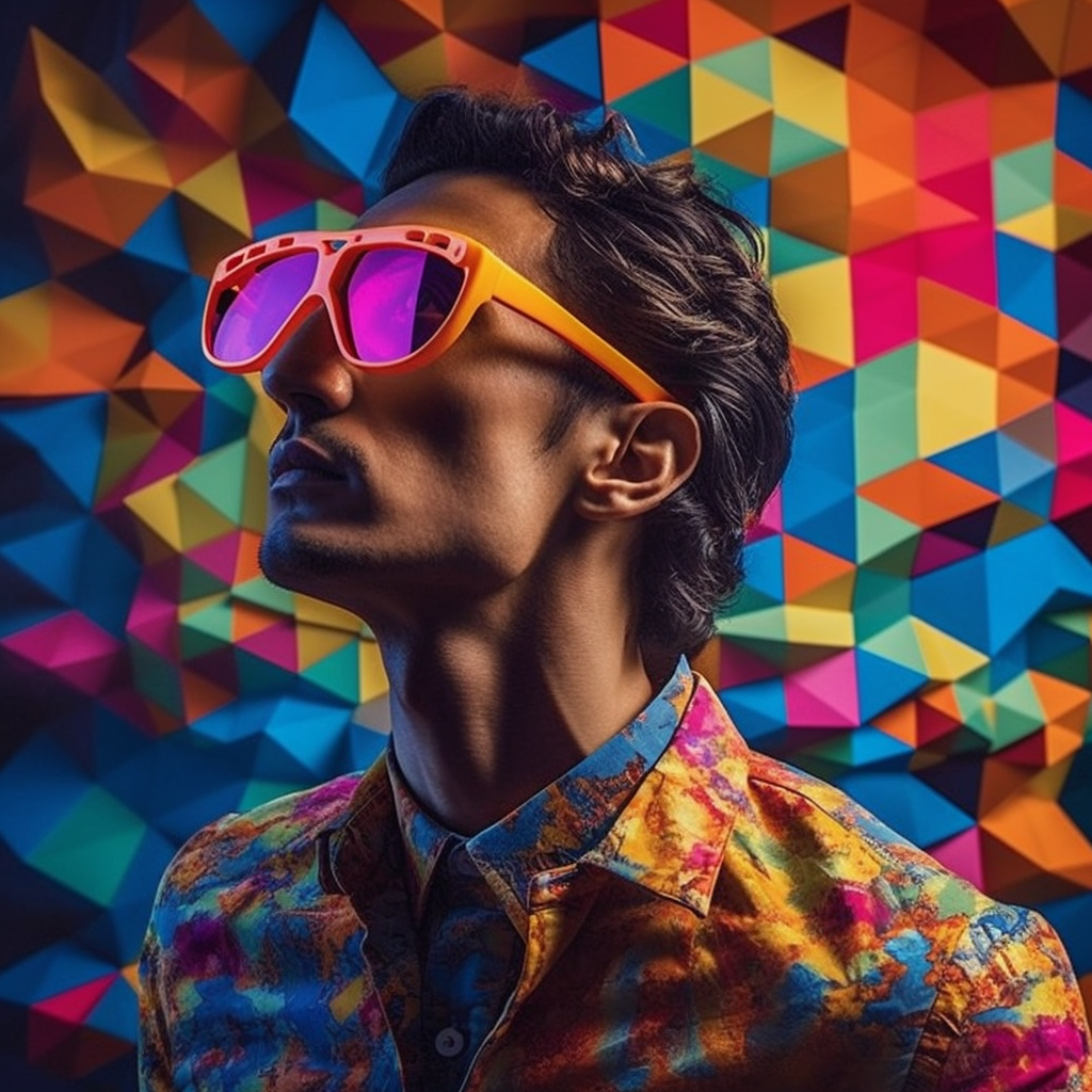 The seasoned photographer puts on the 'Augmented Vision' glasses for the first time, his perception transforming into a vibrant symphony of colors, geometric patterns, and unseen textures.