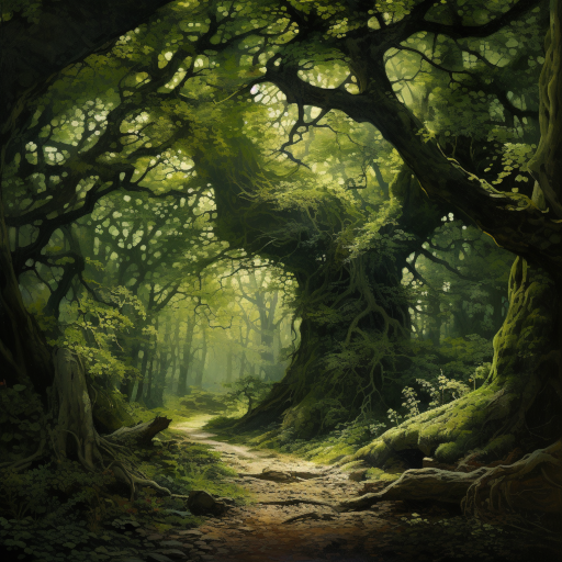 Green canopies thickened as the heart of the forest revealed an ancient oak, its knotted bark alive with stories, and every leaf quivering like old parchment pages
