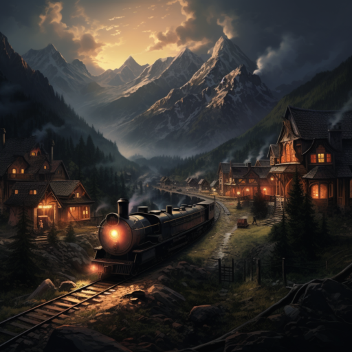 A hushed village bathes in the golden glow of a mysterious train emerging from the shadowy mountains, its melodic whistle piercing the quiet night