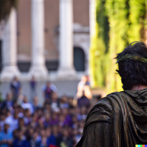 Caesar Emperor of Rome making a speech to the Roman people in a crowded square in front of his palace seen from afar.