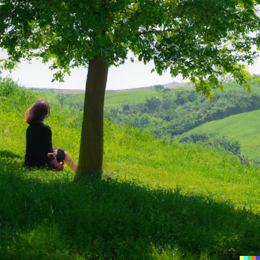 A woman on a lawn sitting under a tree looking at the horizon in the distance