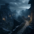 Altos muros de piedra rodean una antigua ciudad, intacta por el tiempo, mientras la noche se oscurece y los lejanos gemidos de los muertos vivientes resuenan inquietantemente.