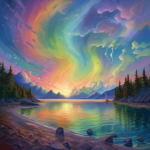 At the intersection of sky and sea, dawn is breaking. The aurora dances along the horizon in vibrant colors, breathing life into the new day. Sunlight begins to weave through the clouds, creating a magical setting that seems pulled from a dream.