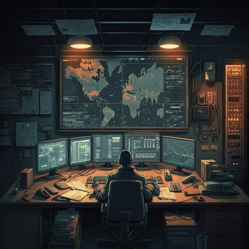 A darkened room filled with blinking screens and beeping machines, where intelligence agents work tirelessly to unravel the mystery of the Pi message.