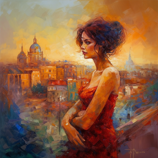A woman of dreams and passion, stands against the backdrop of a city forgotten by time. Her gaze is as vibrant as the colors that stain her hands, a testament to her secret life as an artist.