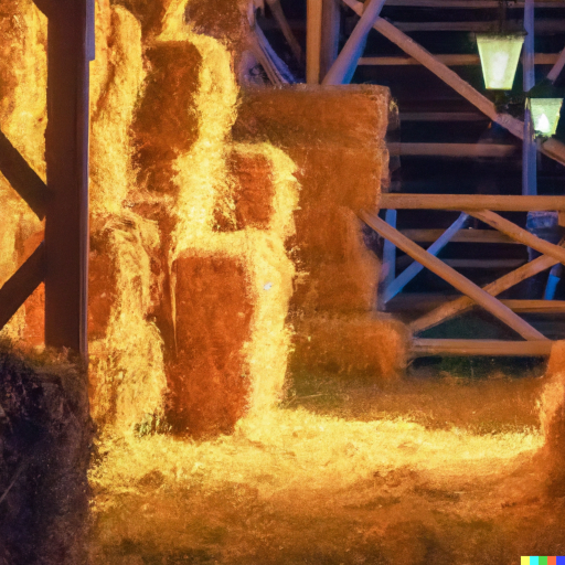 A stable at night illuminating the haystacks with antique lanterns, artistic style