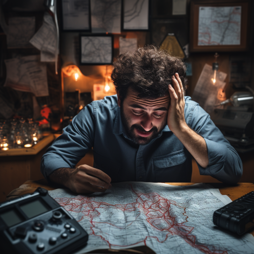 A person looking at a physical map and a GPS at the same time, with an expression of utter confusion on their face. The GPS shows 'Recalculating' in a condescending tone, while the map seems to be an indecipherable tangle of alien lines and signs