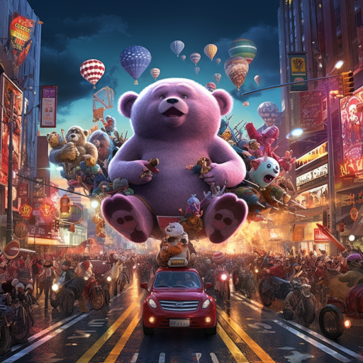 A street packed with futuristic giant tricycles, moving with flashing lights; in the background, a gigantic screen displays "The Friendly Bear Show" with an animated dancing bear, and crowds of inhabitants watch it enthusiastically