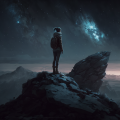 Una figura solitaria en la cima de una montaña mirando las estrellas y contemplando el peso del futuro del mundo sobre sus hombros.